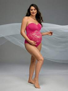 Cheriluna Maternity 粉色夏季優雅孕婦花卉蕾絲拼接連身泳衣 拍照塑形修身款 - 玫紅色 - 查看 6