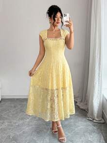 Celure Spring & Summer Women's Lace A-Line Dress With Chain & Starfish Decor, Elegant Resort Dress, Fashionable Yellow Resort Dress - Yellow - View 2