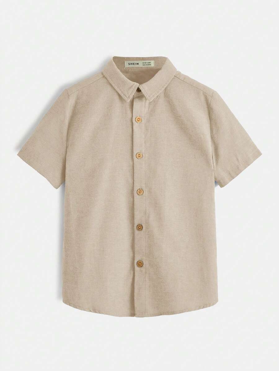 SHEIN Tween Boy Solid Color Collared Single-Breasted Casual Shirt - Apricot - View 1
