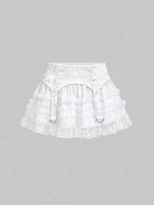 ROMWE Chân váy ngắn cạp thấp kiểu Gothic phối ren lưới jacquard họa tiết bánh ngọt, thích hợp cho ngày Valentine, dành cho nữ. - trắng - Xem 5