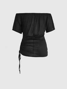 ROMWE Grunge Punk Plus Size Punk Pentagram Pattern Off Shoulder Loose Casual T-Shirt - Black - View 2