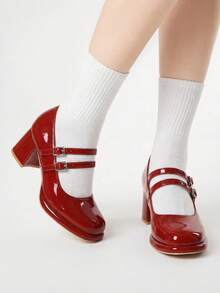 ROMWE Kawaii Giày Mary Jane nữ màu đỏ bóng, gót chunky, mũi vuông, kiểu dáng cổ điển Pháp. - Màu Đỏ Sâu - Xem 5
