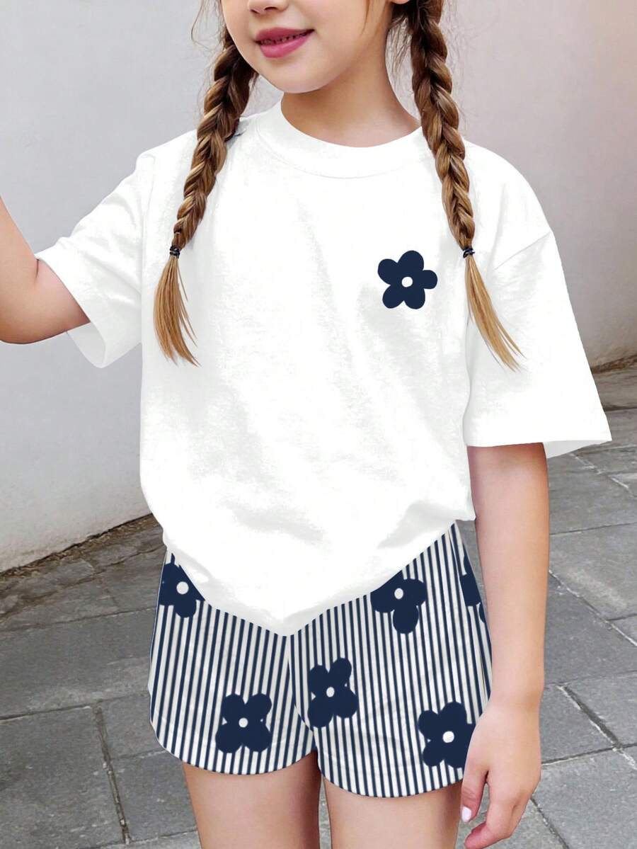 Retro Sweet Contrast Stripe, Mini Floral Print Pattern, Tween Girl Casual Minimalist Short Sleeve T-Shirt And Shorts 2-Piece Set, Suitable For Summer - White - View 1