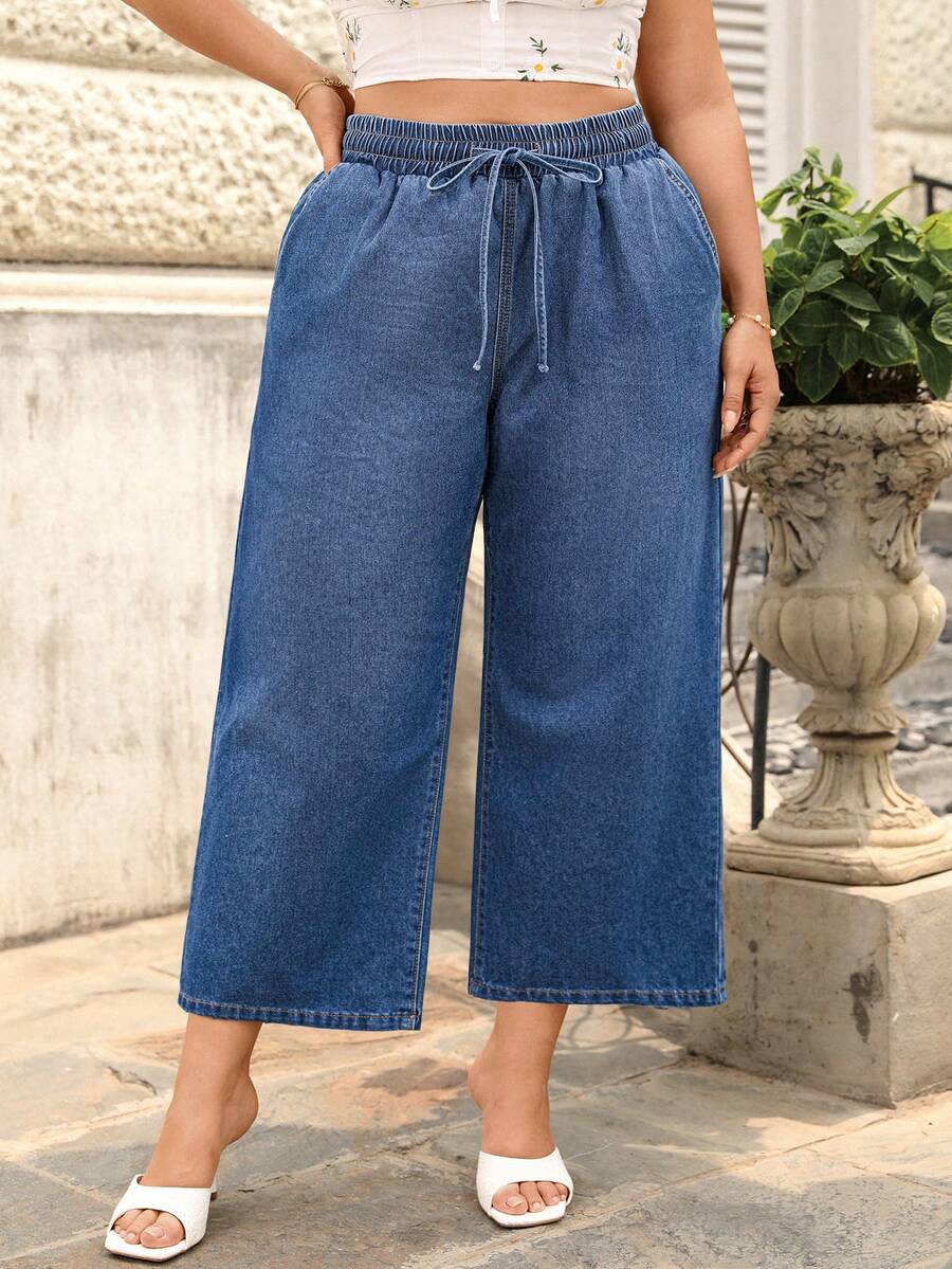 Breezaya Plus Size Women Drawstring Waist Pocket Casual Loose Fit Wide Leg Jeans - Medium Wash - View 1