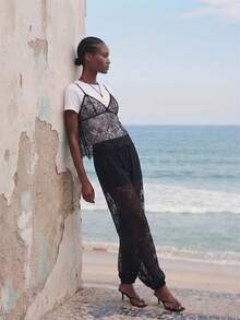 Maija 女士弹力腰带花卉蕾丝口袋九分裤 - 黑色 - 查看 9