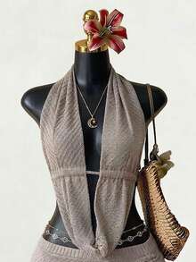 SaltGleam SaltGleam Women's Solid Color Plunging Draped Neck Cropped Halter Knit Top - Khaki - View 4