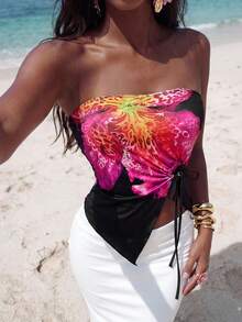 Nevyona Áo ống màu đỏ phối lưới in hoa, dây rút, vạt bất đối xứng, thích hợp cho dịp gợi cảm/nghỉ dưỡng/lễ hội/đám cưới/tiệc tùng, kiểu áo nữ thanh lịch. - Nhiều màu - Xem 5