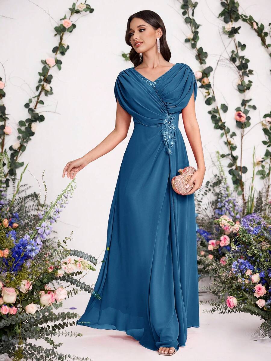 Coutiva 女士华丽派对/宴会水钻装饰3D立体花卉正式礼服,适合新娘和母亲穿着 - 霧霾藍 - 查看 1
