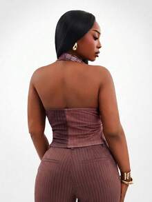 Radiana Plus Size Women's Chocolate Brown Summer Smart Casual Stripe Tie Collar Vest, Halter Neck Corset Top, Office Siren Business Work Tops, Vintage Chic - Multicolor - View 3