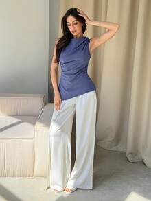 DAZY Women's Solid Color Ruched Asymmetric Hem Sleeveless Top, Elegant Resort Wear For Summer - Blue - View 4