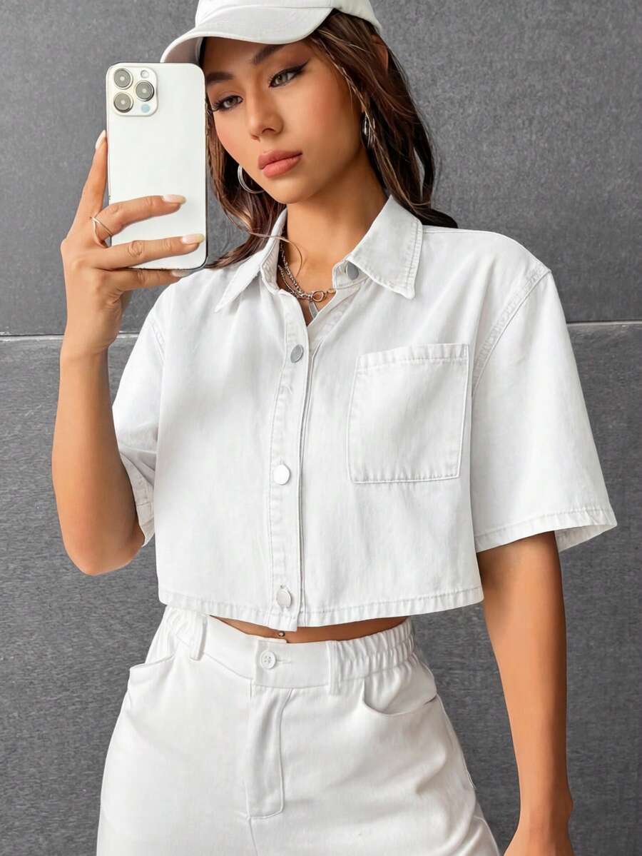 SHEIN EZwear 女士休闲纯色短款牛仔衬衫,夏季 - 白色 - 查看 1