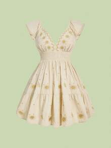 ROMWE Spring / Summer Fairycore Embroidered Sun & Leaf Cap Sleeve Dress, Elegant Vintage Plus Size Women Dress, Vacation - Beige - View 12
