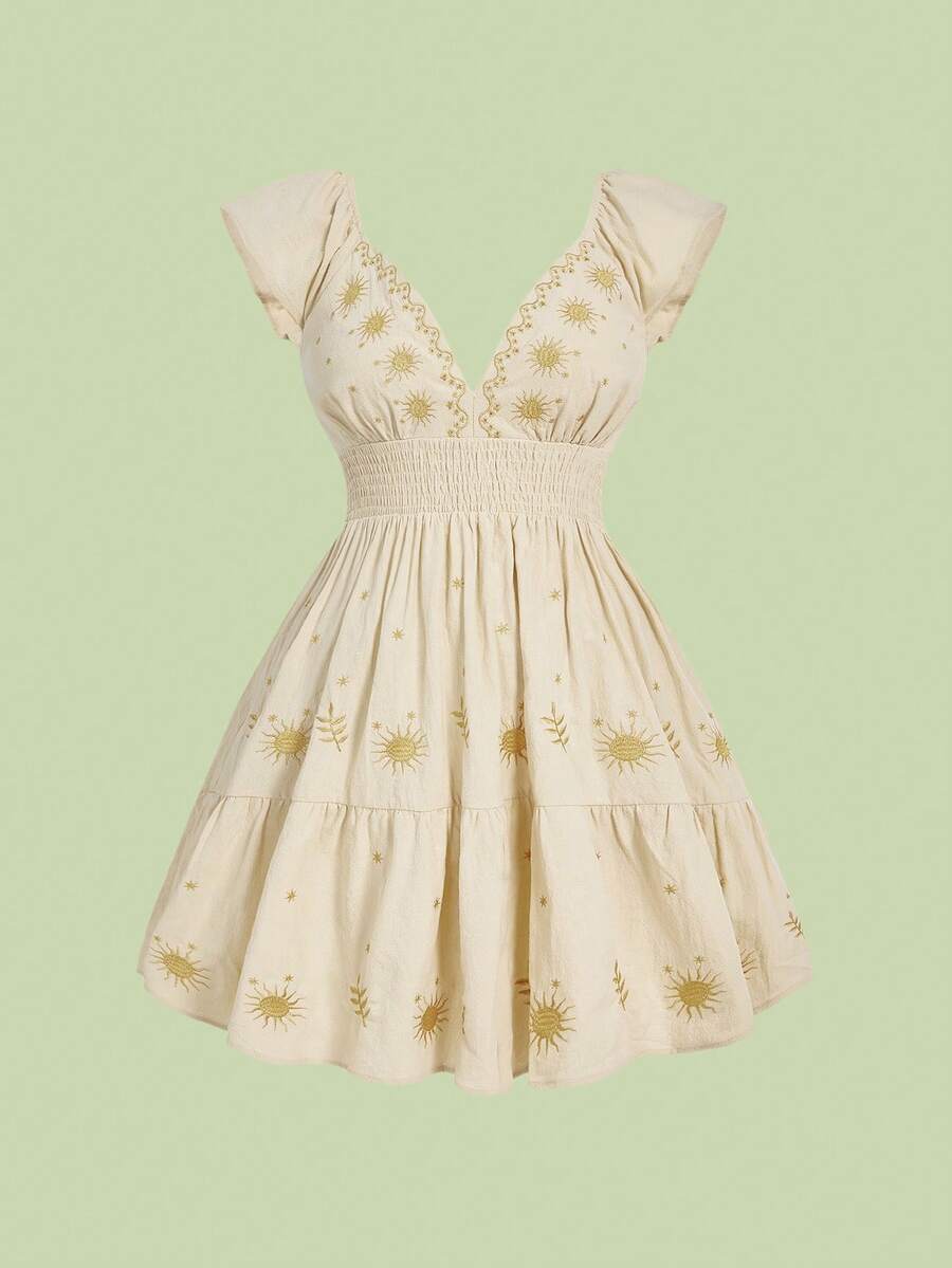 ROMWE Fairycore刺绣太阳叶子图案短袖连衣裙，优雅复古大码女装 - 米色 - 查看 1