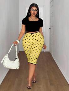 Maweii Plus Size Polka Dot Print Lace Patchwork Bow Decor Leggings - Yellow - View 6