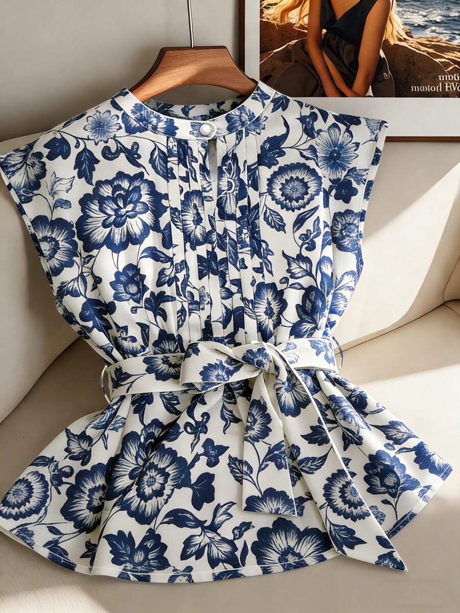 SHEIN Clasi 优雅的夏季度假衬衫,适合大码女士 - 藍色 - 查看 1
