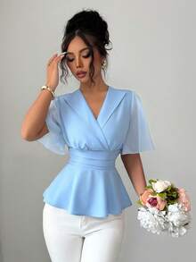 Elenzga Trang phục mùa hè mới 2026, trang phục đi nghỉ mát, trang phục lễ hội, trang phục đi biển, áo kiểu thanh lịch, áo thun thường ngày, áo đi biển tay lưới bồng bềnh, áo tắm thanh lịch, trang phục hẹn hò đêm retro gợi cảm, áo sơ mi xanh nhạt ôm dáng phối lưới xếp nếp kiểu công sở thường ngày. - Màu xanh nhạt - Xem 5