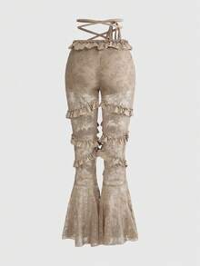 ROMWE Avant Quần ống loe cạp siêu thấp, gợi cảm, ren xếp nếp, buộc dây. - Màu Khaki - Xem 4