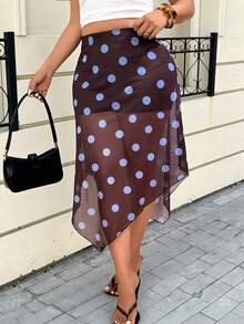 大码女式棕色半透明波点半身裙，度假装，服装 - 摩卡棕 - 查看 6