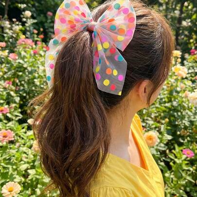 Joivida 1个迷人波点网纱蝴蝶结发夹，甜美可爱公主主题季节性通用配饰，彩色波点网纱发夹，大蝴蝶结发夹，雪花星星半包布顶夹