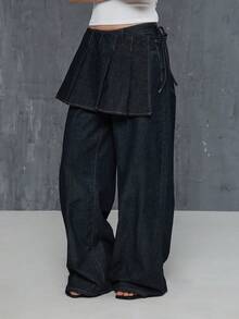 COUREZ 褶裥牛仔裙搭配宽松水洗牛仔裤 / Y2K 春季女装 黑色牛仔裤 外出穿搭 音乐节穿搭 演唱会穿搭 夏季女装 夏季牛仔裤 - 黑色 - 查看 4