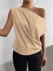 Chiquease Solid Asymmetrical Neck Satin Blouse One Shoulder Top - Champagne - View 9