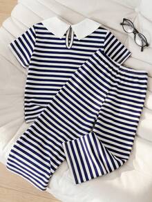 SHEIN Bộ đồ trẻ em Casuvi 2 món gồm áo thun tay ngắn cổ polo kẻ sọc và quần ống rộng dệt kim cho bé gái, phong cách retro Mỹ thường ngày, thích hợp mặc hàng ngày vào mùa xuân/hè. - Màu xanh hải quân - Xem 2