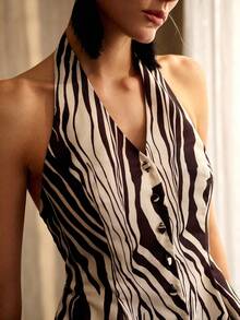 MOTF PREMIUM NEW LINEN WOMEN'S ZEBRA PRINT BACKLESS HALTER TOP - Brown - View 3