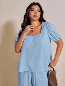 SHEIN Elaquor Plus Size Summer Casual Simple Short Sleeve Top And Pants 2 Pieces Set - Baby Blue - View 6