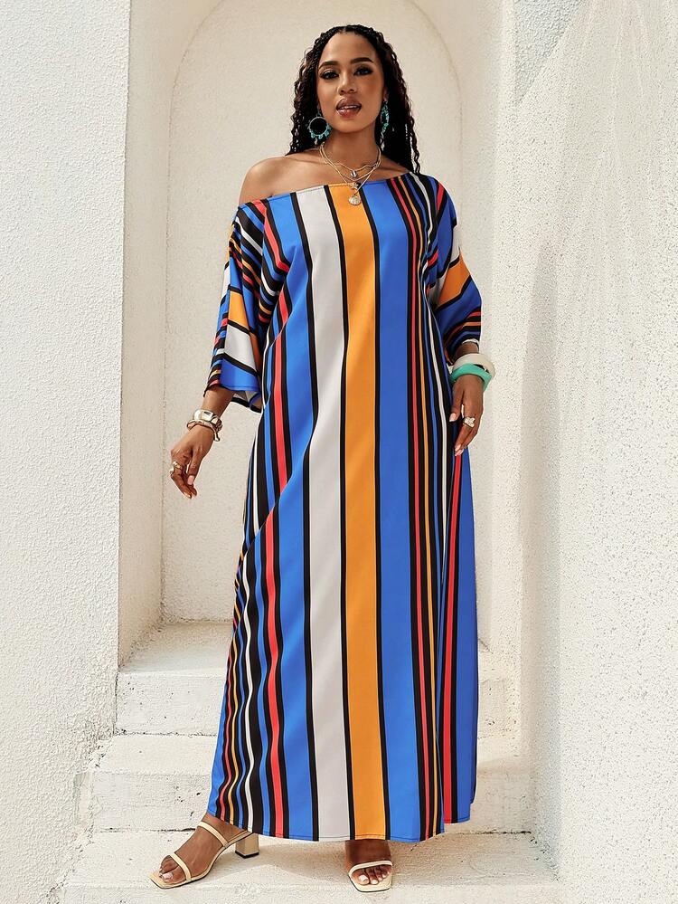 Plus Size Women's Casual Vacation Style Colorblock Striped Print Irregular Neck Tie Waist Dress, Spring/Summer/Autumn For Women Zanzea Dress For Women Summer Summer Outfits Spring Clothing Spring Outfit Festival Outfits For Women Beach Outfit For Women Vacation Outfits Women Holiday Outfits For Women Summer Holiday Outfits