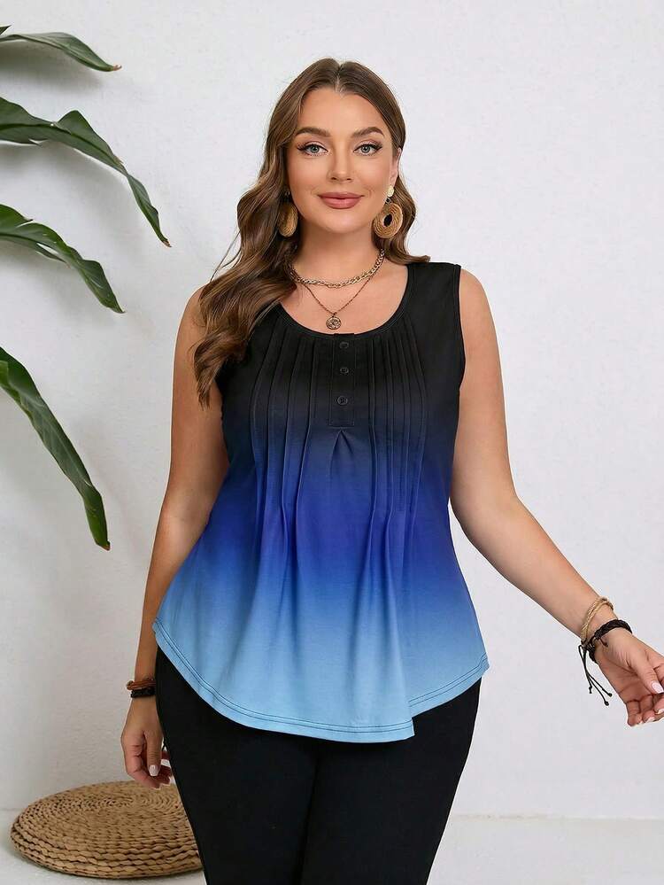 Plus Size Women's Summer Casual Vacation Country Blue Gradient Color Plus Size Summer Pleated Camisole Tank Top For Women,Summer Outfits For Women ,Vacation Outfits Women ,Holiday Outfits For Women,Going Out Outfits,2026 New Clothes,Simple And Fashionable For Everyday Wear,Suitable For Summer, Vacation, Daily Wear, Festival Outfits For Women,Country Concert Outfit,Beach Outfits For Women,Western Style,Going Out Tops, Women's Tops For Summer