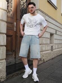 LEOGASHI LEOGASHI Men's Faded Light Blue Washed Loose Fit Vintage Casual Denim Shorts Jorts Going Out Hang Out Commute College Street - Light Wash - View 4
