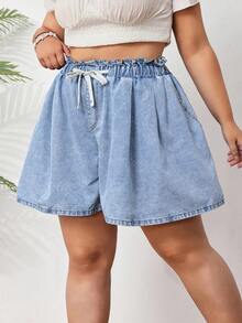 SHEIN CURVE+ Celana Pendek Denim Kasual Longgar dengan Tali Serut di Pinggang untuk Wanita Ukuran Besar (Jorts) - Light Wash - View 5
