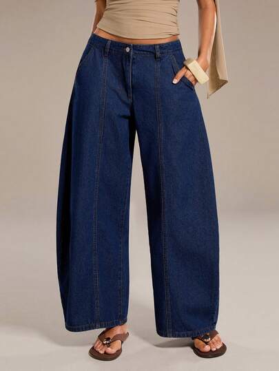 Normani Jeans casuales de ajuste holgado para mujer con bolsillos en diagonal