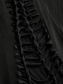 ROMWE Goth Y2K Vintage Off-Shoulder Perforated Distressed Hollow Mesh Splice Mid-Sleeve T-Shirt - Black - View 9