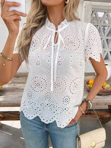 SHEIN Clasi Blusa bordada cómoda para mujer, camisa blanca elegante para vacaciones de verano - Blanco - Ver 7