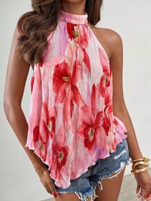 SHEIN ICON Áo tank top nữ mùa hè hở lưng, gợi cảm, thích hợp đi nghỉ mát, dự tiệc, đi chơi, in hoa thanh lịch, vạt bất đối xứng, phong cách thường ngày. - Hồng - Xem 1
