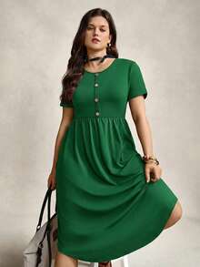 Zelara Plus Size Basic Front Button Decor Round Neck Short Sleeve Comfortable Black Dress, Spring/Summer - Green - View 3