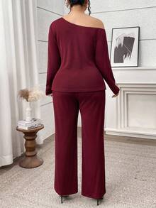Modelyn Plus Size Women Solid Color Oblique Shoulder Long Sleeve Floral Decor Top And Pants Elegant 2 Pieces Set - Burgundy - View 3