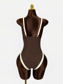 Swim Chiccia Women's Solid Color Contrast Elegant Adjustable Thick Strap Deep V-Neck Backless One-Piece Swimsuit - Coffee Brown - View 6