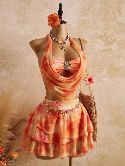 Bellisia Conjunto de bikini de 3 piezas con falda estampada de flores naranjas románticas para vacaciones de primavera/verano