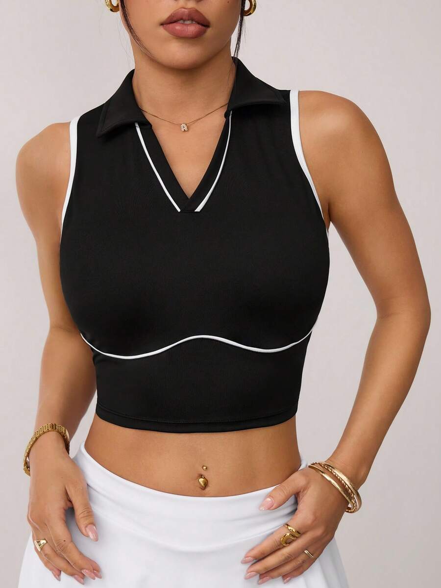 CourtClass Women's Trimmed Daily Fitness Cropped Sports Yoga Polo Tank Top Y2k Golf Top Sport Top For Women Sport Top Gym Tops For Women Sports Tops For Women Gym Clothes Women Top Workout Tops Women Fitness Top - Black - View 1