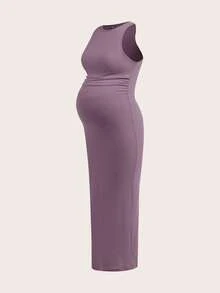 SHEIN 3pcs Maternity Solid Color Ruched Casual Camisole Dress,Summer Dark Green Maternity Bodycon Long Dresses For Photoshoot,Pregnancy Tummy Control Dress - Multicolor - View 3