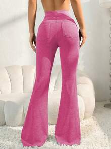 SHEIN Core Rhythm Damen High Waist Schlaghose mit Taschen, lässige Sporthose für Training, Laufen, Fitness, Pendeln, Po-Lifting (zufälliger Sandgestrahlter Effekt) - Heißes Pink - Übersicht 5