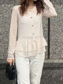 FRIFUL Women's Summer Polka Dot Pattern Button Design Ruffle Hem Blouse - White - View 4