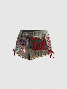 ROMWE Avant 女士Y2K复古运动芭蕾风图案刺绣抽绳低腰性感迷你牛仔短裤 - 淺灰色 - 查看 5