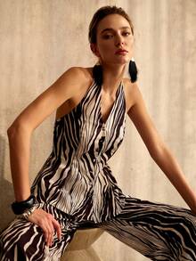 MOTF PREMIUM NEW LINEN WOMEN'S ZEBRA PRINT BACKLESS HALTER TOP - Brown - View 7