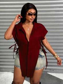 Maweii Plus Size Turndown Collar Hidden Placket Side Hollow Bow Tie Elegant Sexy Blouse - Burgundy - View 5