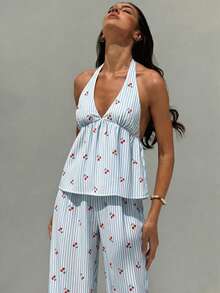 Aloruh Bộ đồ 2 món dành cho nữ: áo hai dây và quần dài họa tiết sọc anh đào. - Màu xanh lam - Xem 12