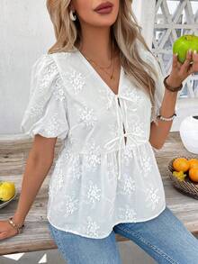 SHEIN Clasi 女款夏季波西米亞風白色花卉刺繡優雅泡泡袖娃娃上衣，適合度假、假日、休閒寬鬆戶外海灘穿著 - 白色 - 查看 5