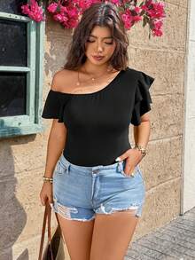 Breezaya Áo liền thân nữ thời trang thanh lịch tay ngắn xếp nếp vai bất đối xứng - màu đen - Xem 4